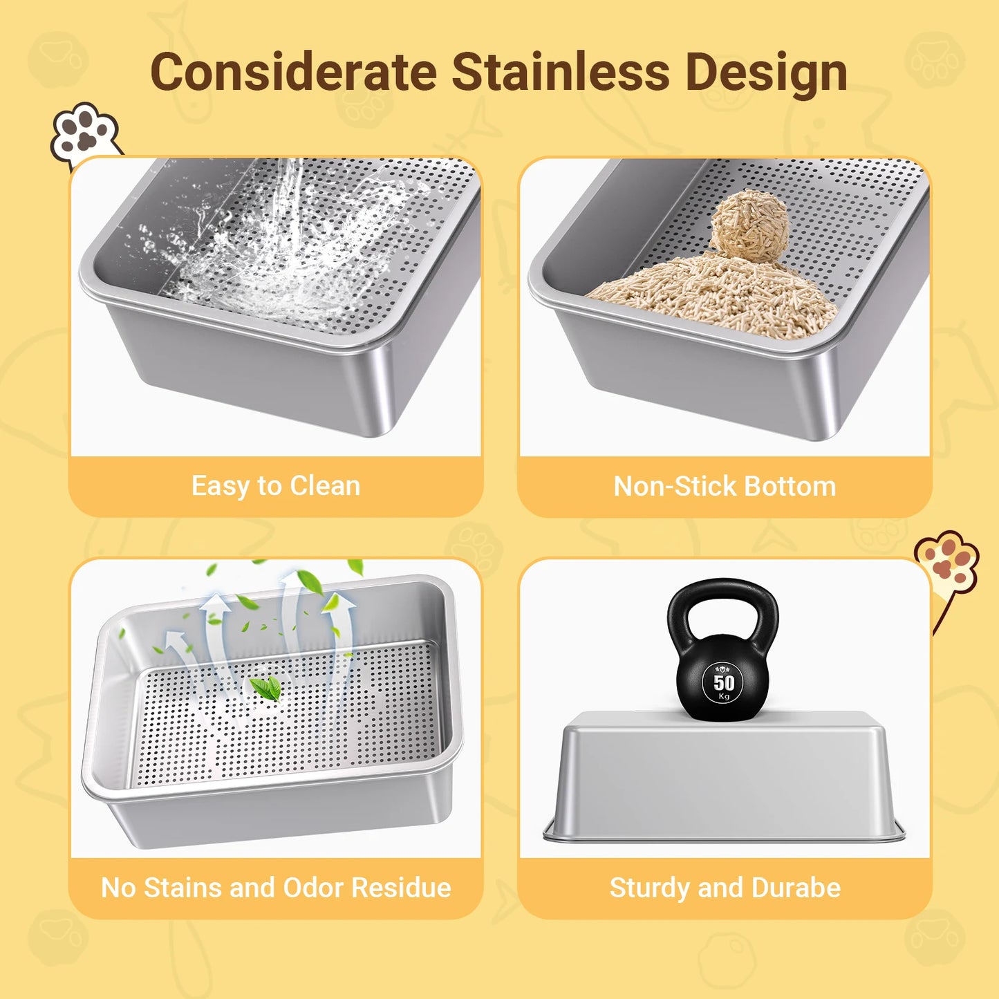 XL Stainless Steel Cat Litter Box Sifting Cat Litter Box for Wood Pine Pellets Odor Control Easy Clean