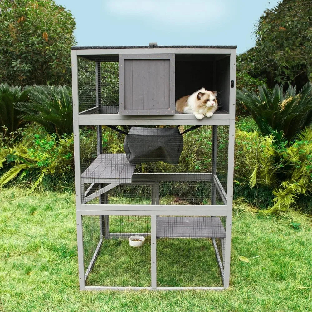 X Zone Pet Catio Wooden Cat House Outdoor 3 Floors Cat Enclosure Indoor Large Kitten Playpen with Hammock and Resting Box