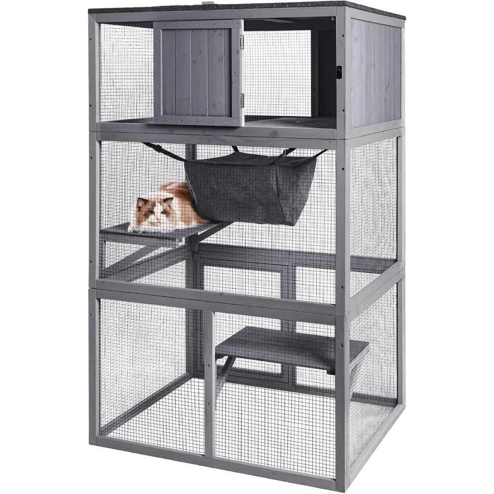 X Zone Pet Catio Wooden Cat House Outdoor 3 Floors Cat Enclosure Indoor Large Kitten Playpen with Hammock and Resting Box