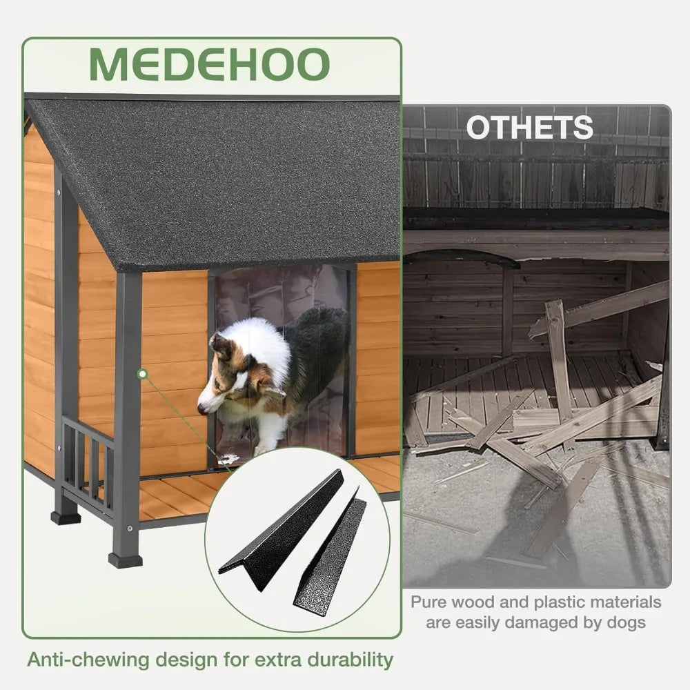 Outdoor Weatherproof Dog House Easy to Assemble Puppy Shelter with All Around Iron Frame and Fir Wood Ideal for Large Dogs - The Paw Tech