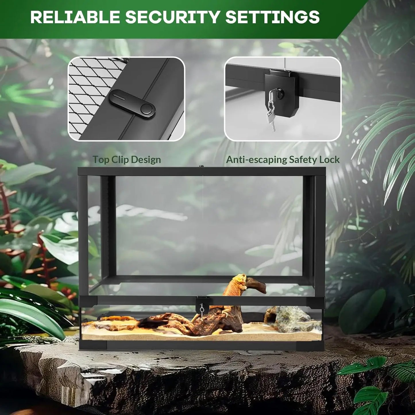 Reptile Glass Terrarium with Top & Side Screen Ventilation Reptile Terrarium, Double Hinge Door Anti Escape Reptile Tank - The Paw Tech