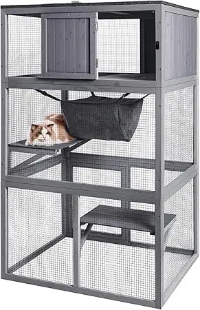X Zone Pet Catio Wooden Cat House Outdoor 3 Floors Cat Enclosure Indoor Large Kitten Playpen with Hammock and Resting Box