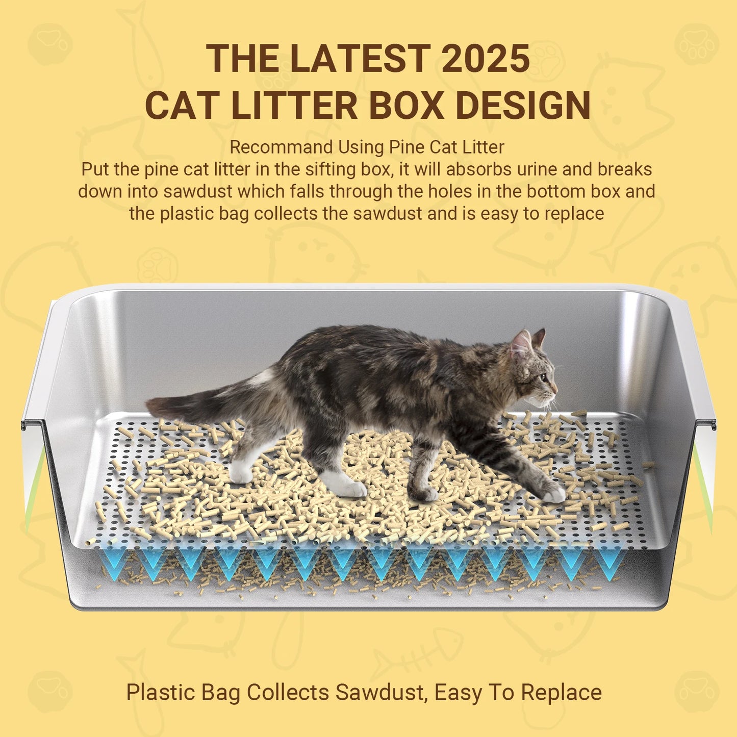 XL Stainless Steel Cat Litter Box Sifting Cat Litter Box for Wood Pine Pellets Odor Control Easy Clean