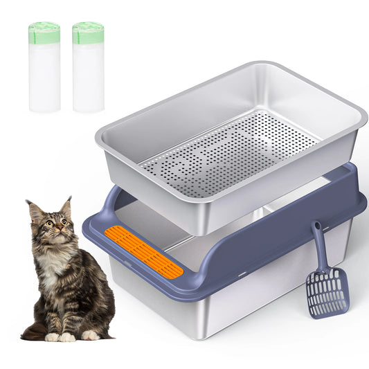 XL Stainless Steel Cat Litter Box Sifting Cat Litter Box for Wood Pine Pellets Odor Control Easy Clean