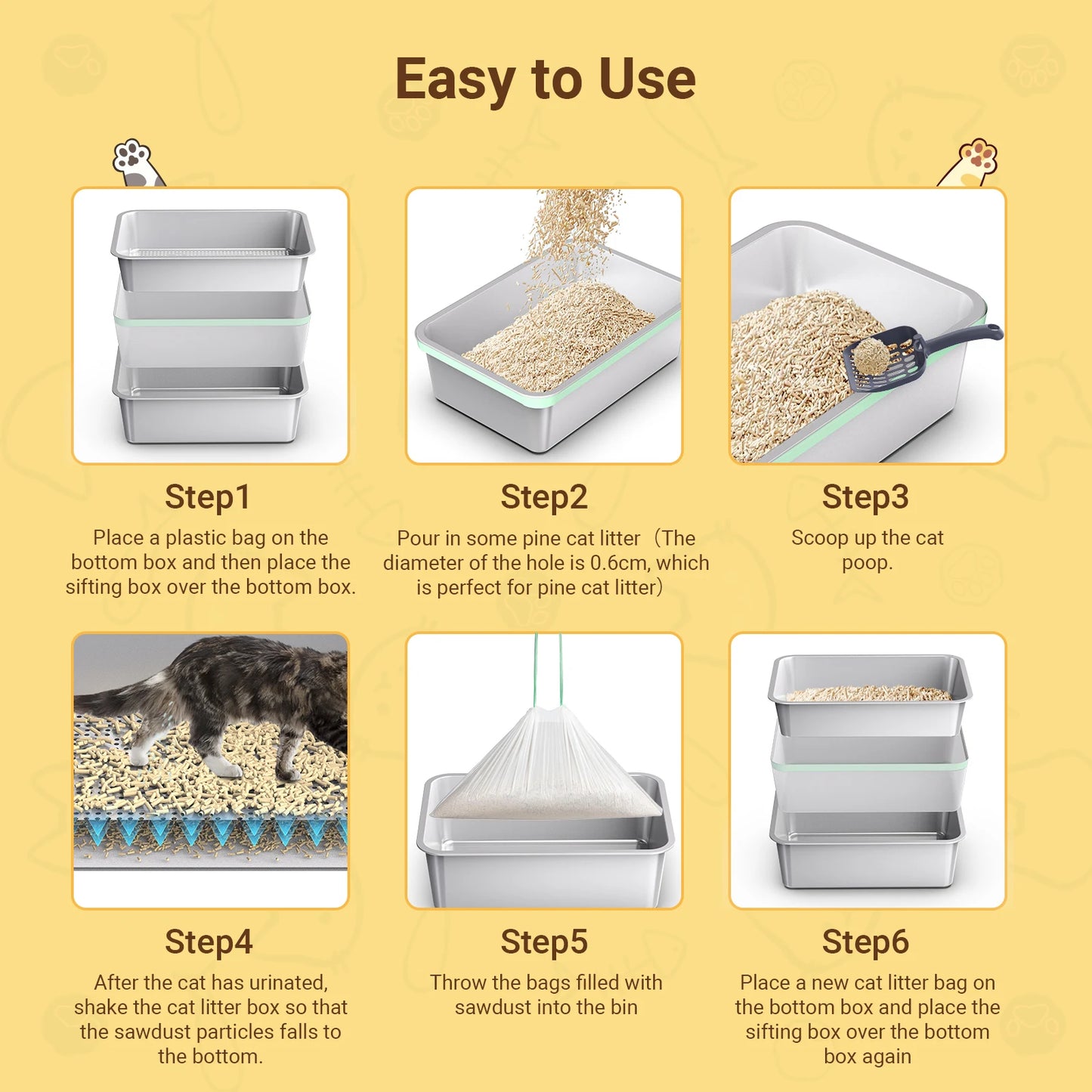 XL Stainless Steel Cat Litter Box Sifting Cat Litter Box for Wood Pine Pellets Odor Control Easy Clean