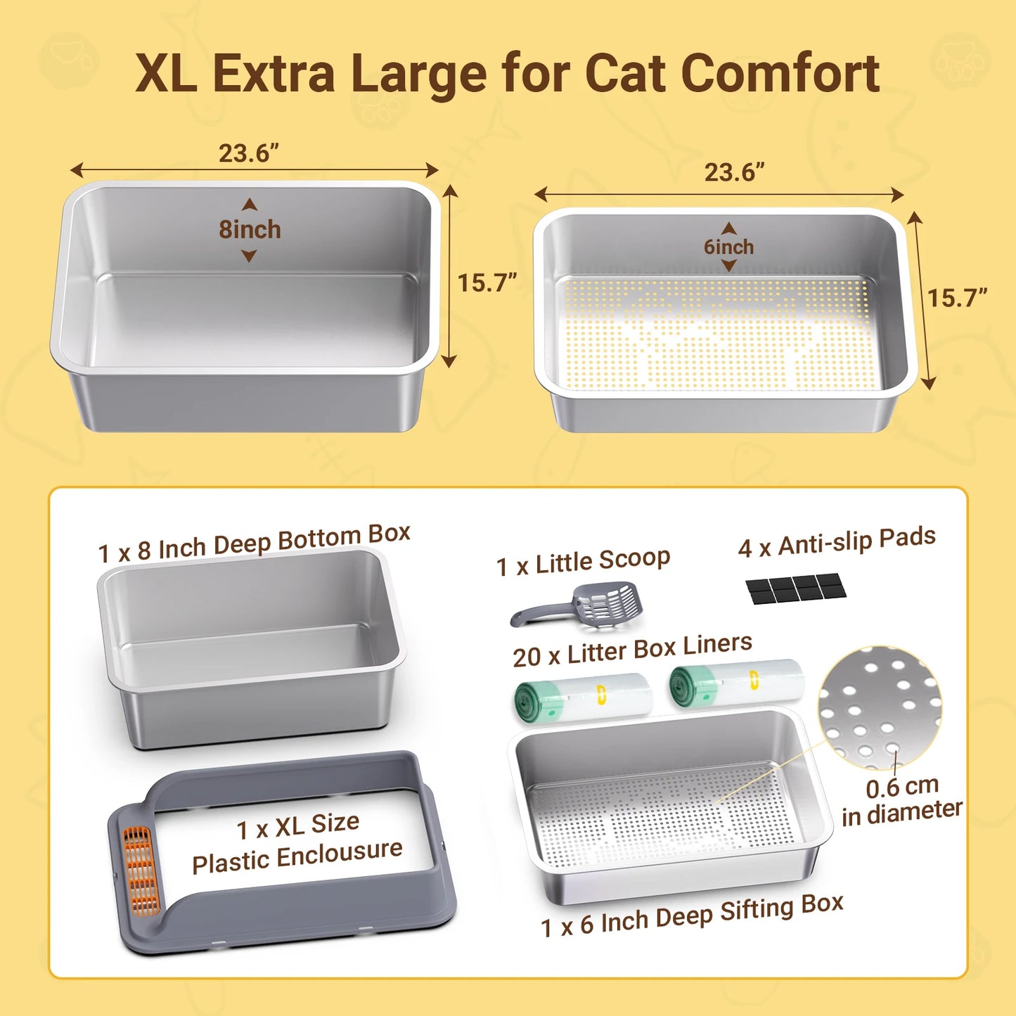 XL Stainless Steel Cat Litter Box Sifting Cat Litter Box for Wood Pine Pellets Odor Control Easy Clean