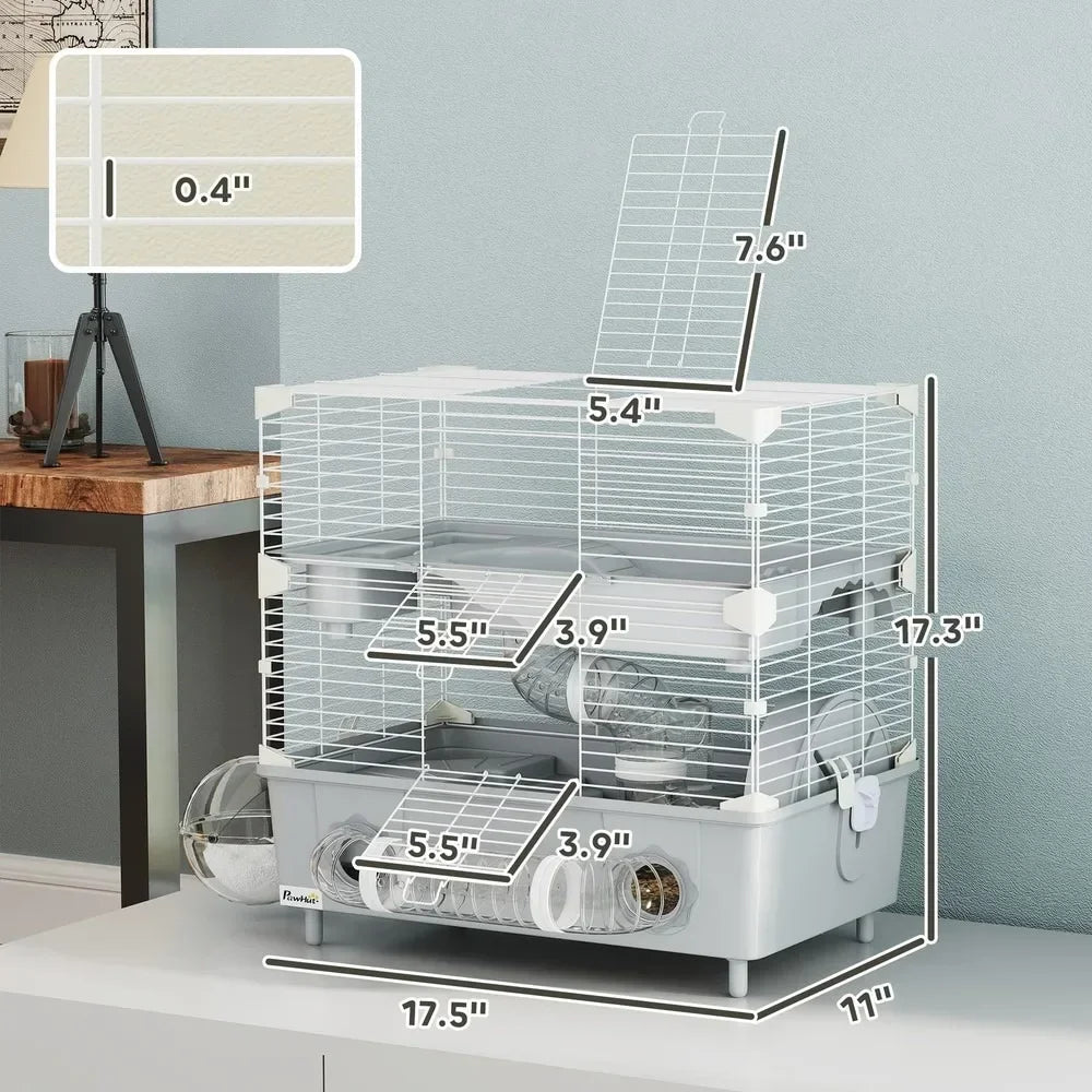 2-Tier Hamster Cage, Hamster Habitat with Accessories, Gray - The Paw Tech