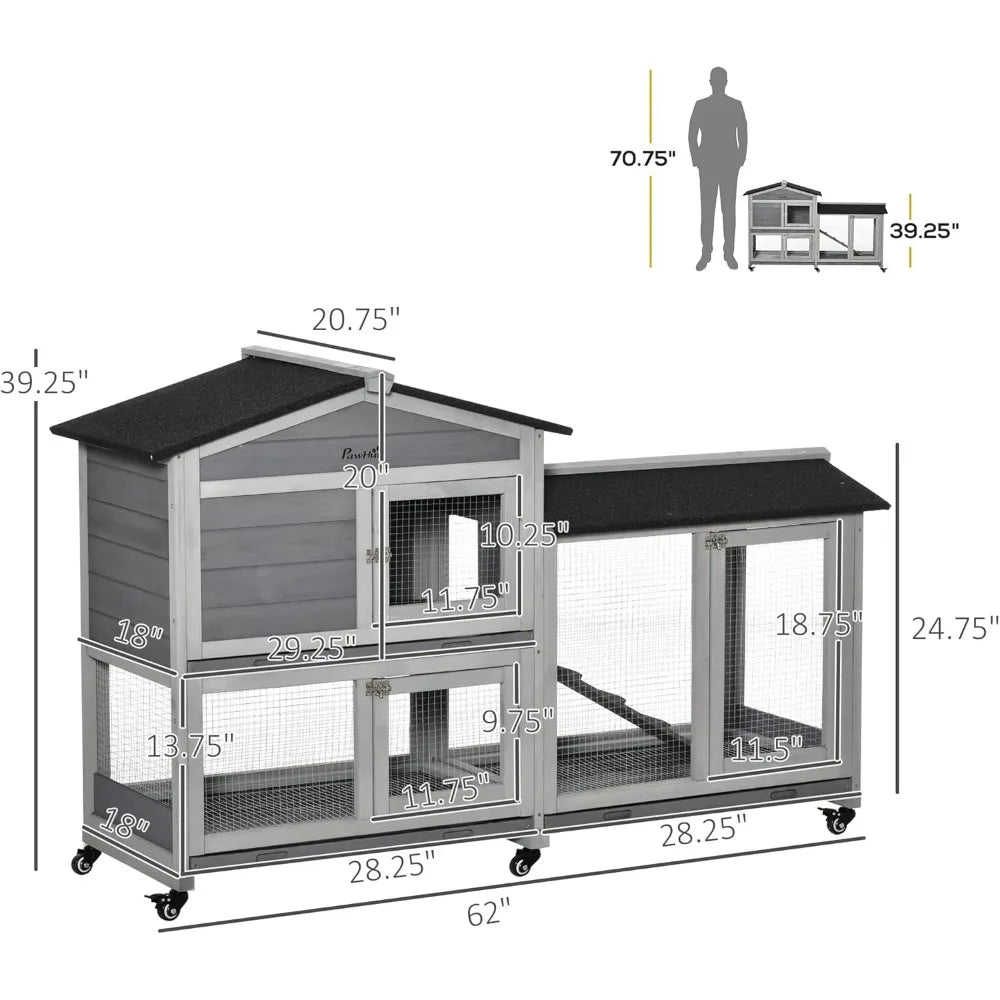 62" Rabbit Hutch, Wooden Bunny Hutch, Guinea Pig Cage, Small Animal Enclosure with Wheels, Run Area, Removable Tray, Asphalt Ro - The Paw Tech