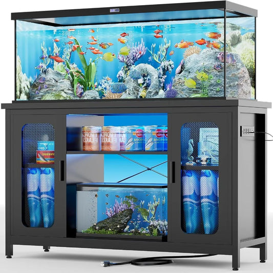 Reptile Tank Stand Fish Tank Stand with Power Outlets & LED Light, 55-75 Gallon Reversible Terrarium Stand with Cabinet