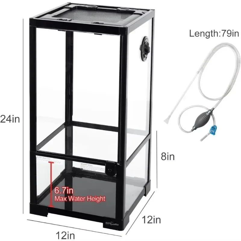 Hot Sale.15 Gallon Full Glass Reptile Terrarium 12" x 12" x 24" Knock-Down Glass Tank and Siphon Gravel Cleaner Se