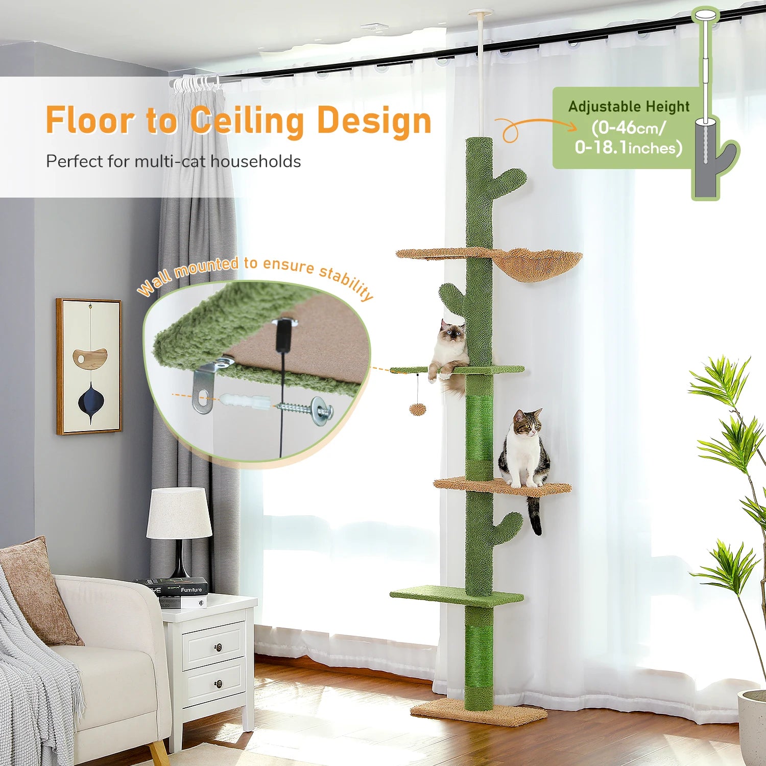 Cat Tree 5 Tier Floor to Ceiling Cat Tower Cactus Tall Climbing Tree with Scratching Post Hammock and Dangling Ball for Indoor Cats - The Paw Tech