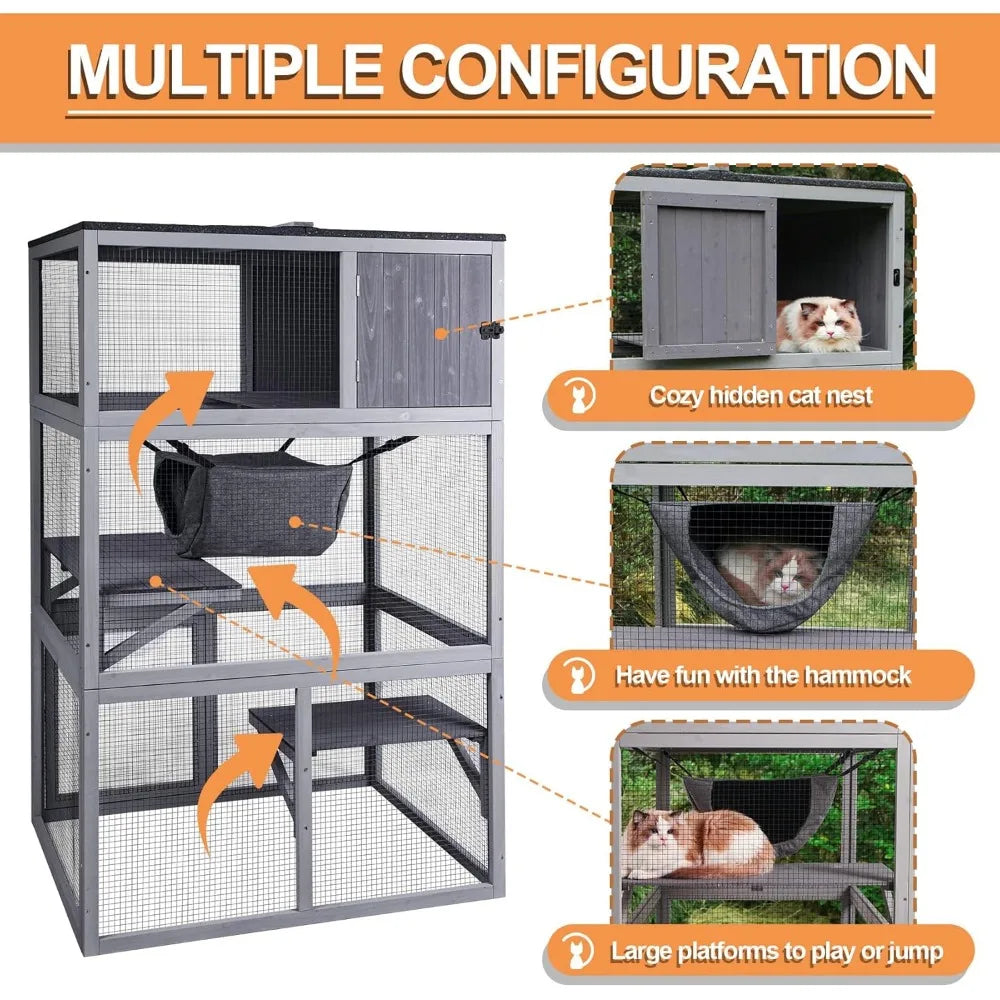 X Zone Pet Catio Wooden Cat House Outdoor 3 Floors Cat Enclosure Indoor Large Kitten Playpen with Hammock and Resting Box