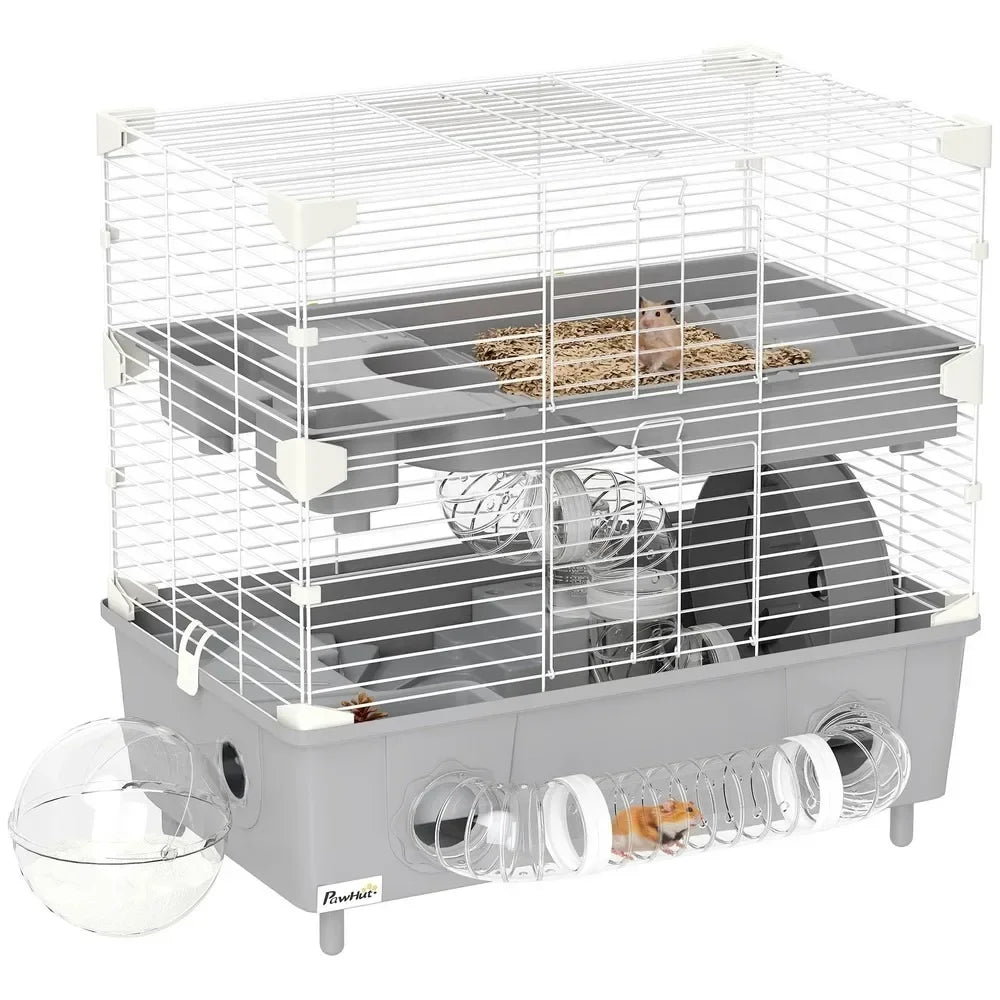 2-Tier Hamster Cage, Hamster Habitat with Accessories, Gray - The Paw Tech