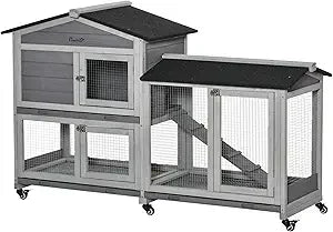 62" Rabbit Hutch, Wooden Bunny Hutch, Guinea Pig Cage, Small Animal Enclosure with Wheels, Run Area, Removable Tray, Asphalt Ro - The Paw Tech