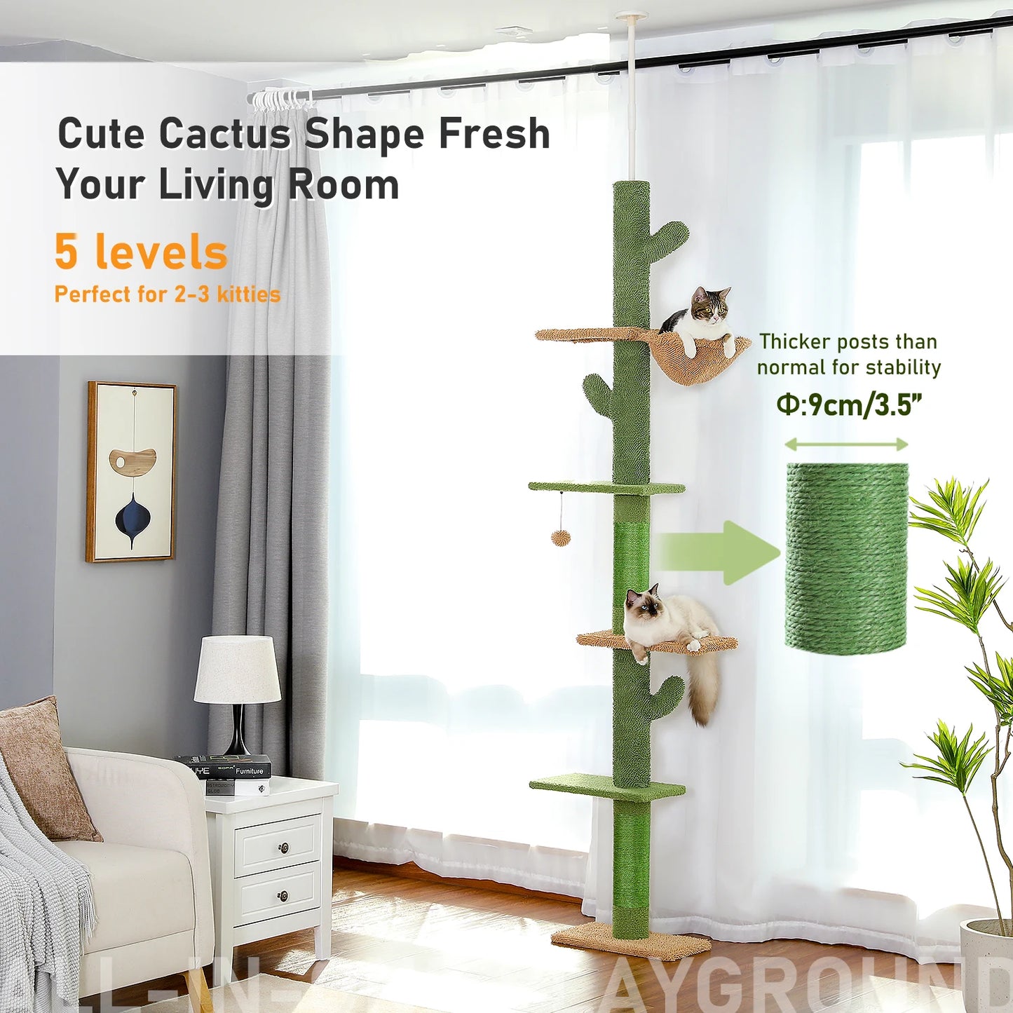Cat Tree 5 Tier Floor to Ceiling Cat Tower Cactus Tall Climbing Tree with Scratching Post Hammock and Dangling Ball for Indoor Cats - The Paw Tech