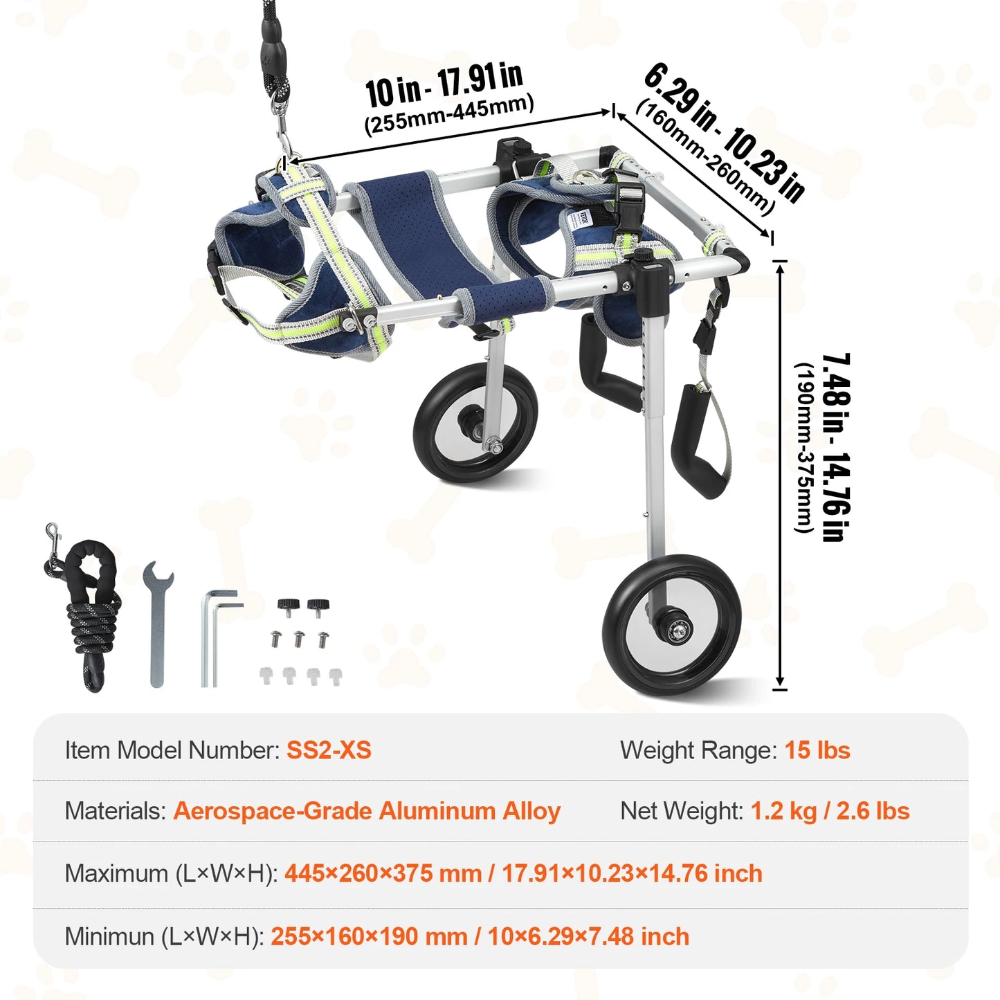 VEVOR 2 Wheels Dog Wheelchair for Back Legs Pet Cart for Injured Disabled Paralysis Hind Limb Weak Pets