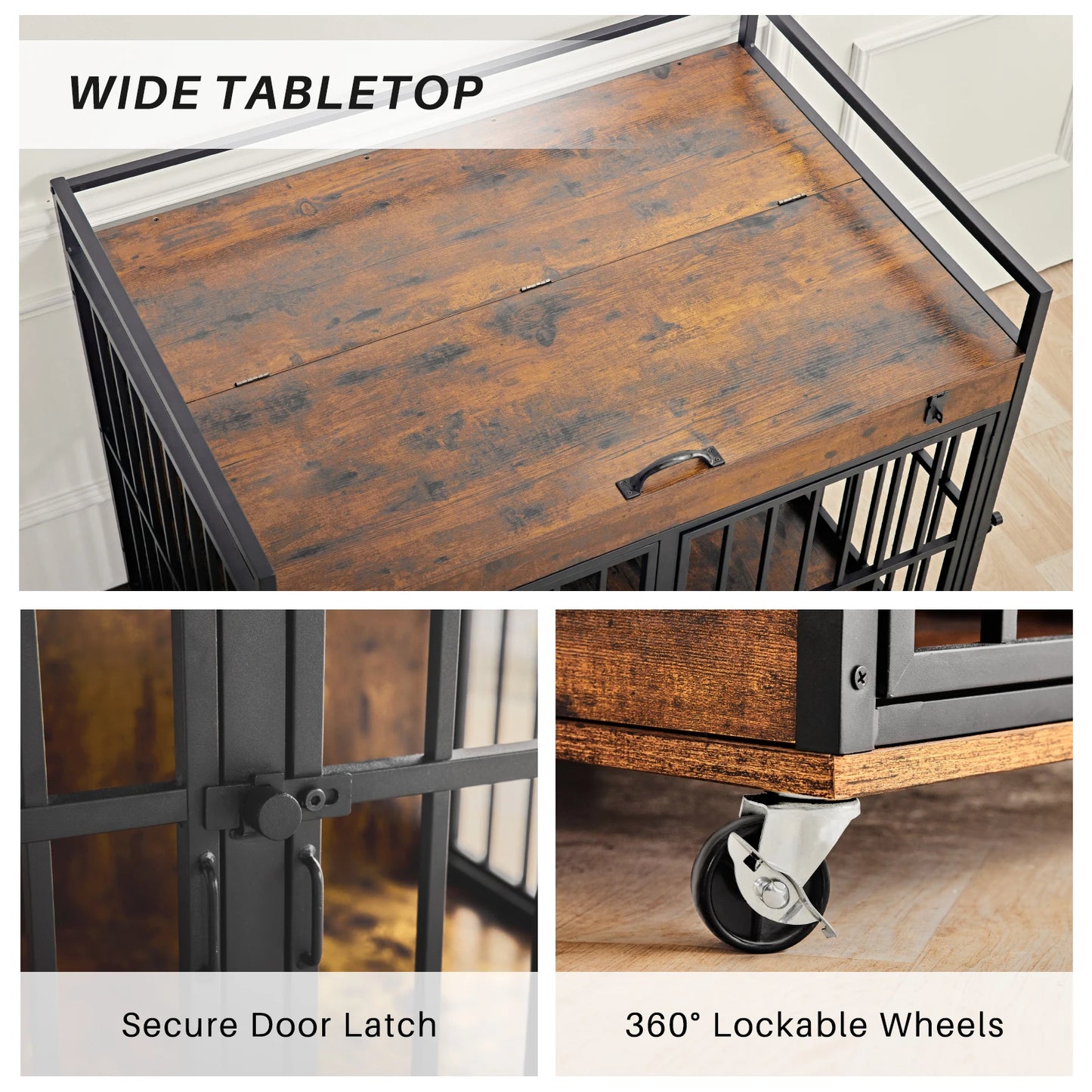 Redlife Dog Crate Furniture End Table Indoor Heavy Duty Dog Kennel with Wheels and Feeder Bowls Flip Top 43.7 x 30 x 37.8 Inches - The Paw Tech