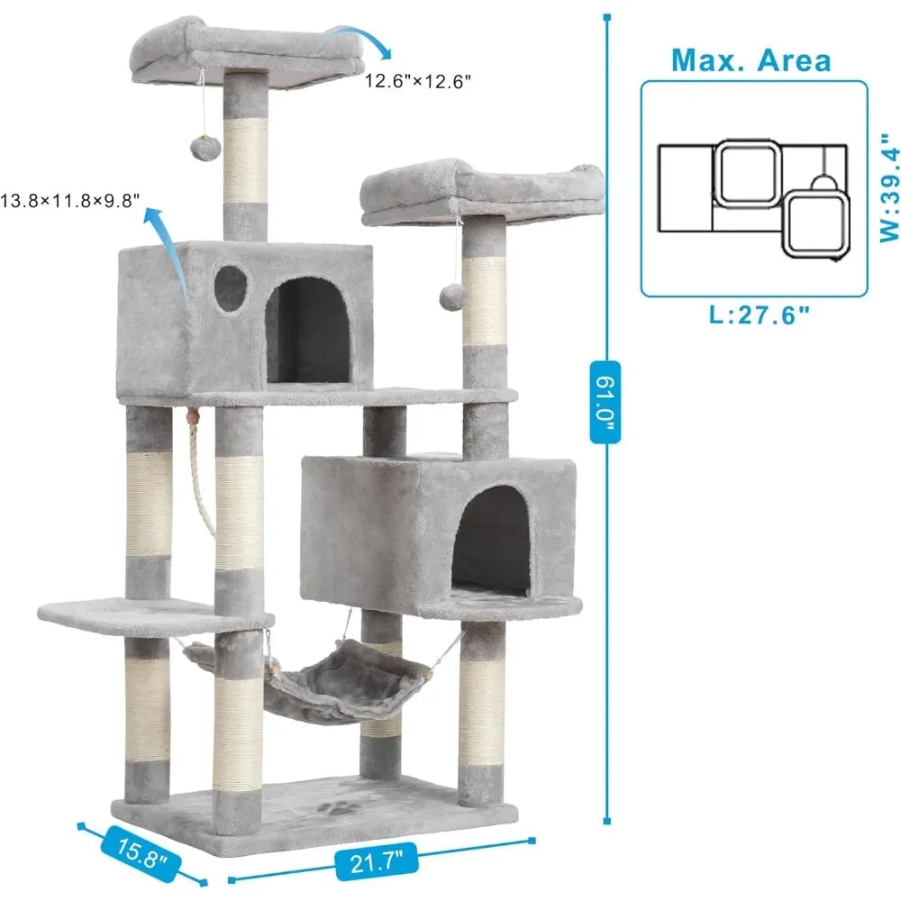Large Multi-Level Cat Tree Condo Furniture with Sisal Covered Scratching Posts Two Bigger Plush Condos Perch Hammock for Kittens - The Paw Tech