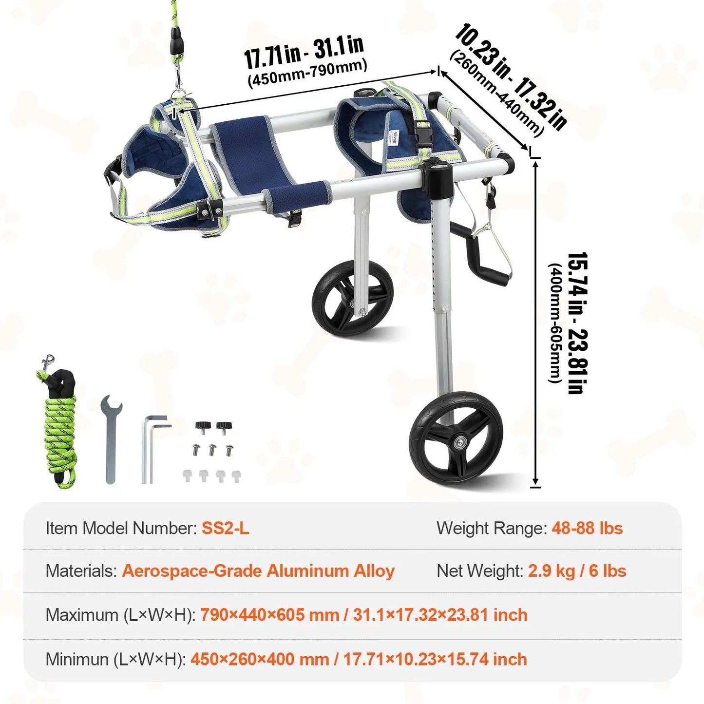 VEVOR 2 Wheels Dog Wheelchair for Back Legs Pet Cart for Injured Disabled Paralysis Hind Limb Weak Pets