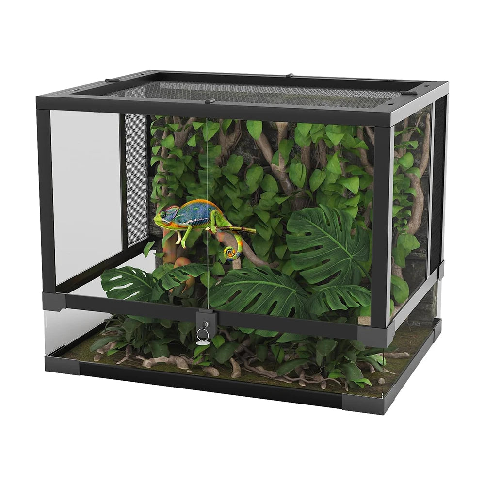 Reptile Glass Terrarium with Top & Side Screen Ventilation Reptile Terrarium, Double Hinge Door  Anti Escape Reptile Tank - The Paw Tech