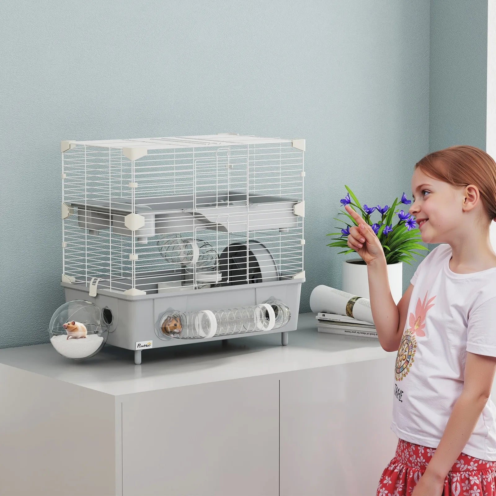 2-Tier Hamster Cage, Hamster Habitat with Accessories, Gray - The Paw Tech