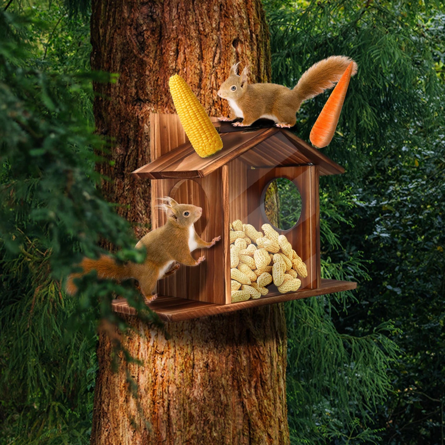Carbonized Wood Squirrel Feeder for Outside Winter Durable Chipmunk House Box