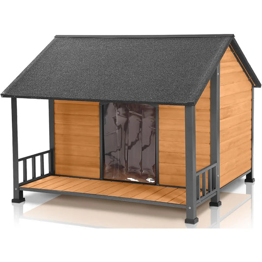 Outdoor Weatherproof Dog House Easy to Assemble Puppy Shelter with All Around Iron Frame and Fir Wood Ideal for Large Dogs - The Paw Tech