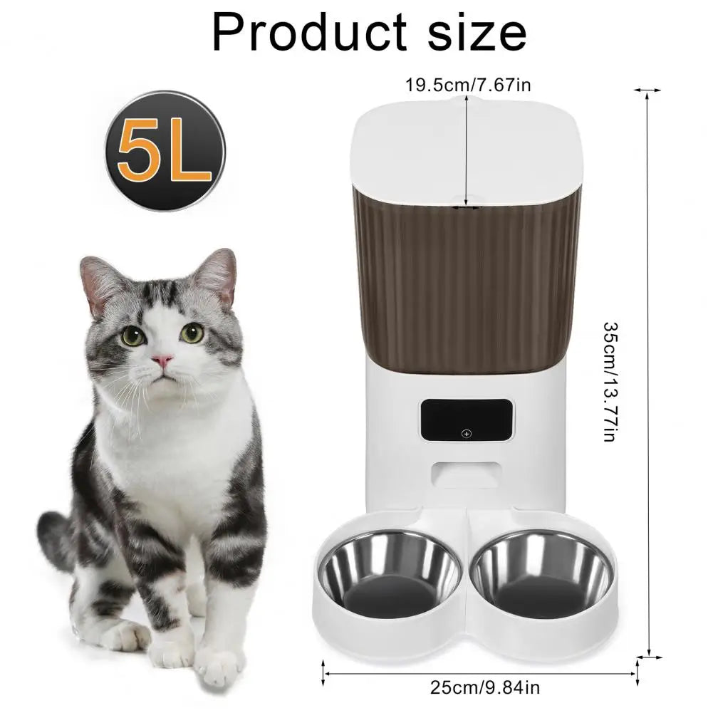 Smart Pet Feeder with Dual Bowls and 5L Transparent Storage WiFi App Control for Automatic Timed Dispensing for Cats and Dogs - The Paw Tech