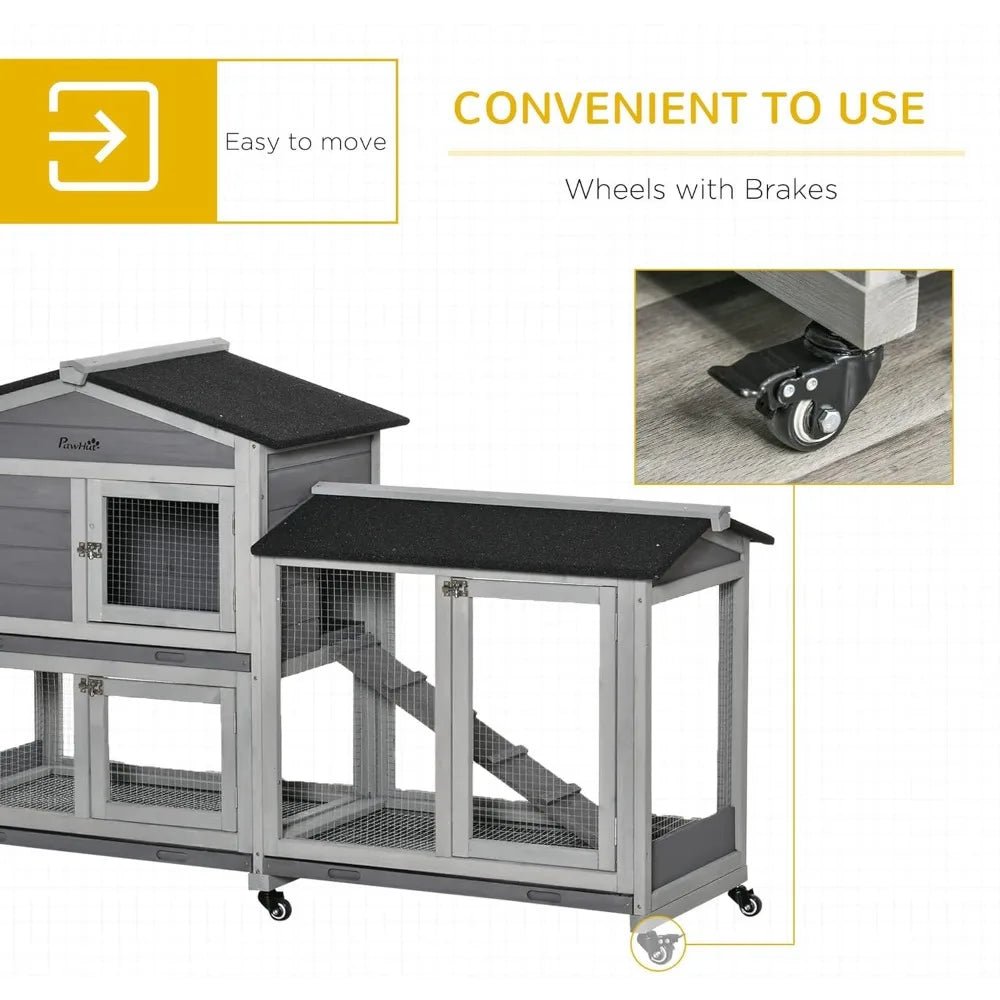 62" Rabbit Hutch, Wooden Bunny Hutch, Guinea Pig Cage, Small Animal Enclosure with Wheels, Run Area, Removable Tray, Asphalt Ro - The Paw Tech