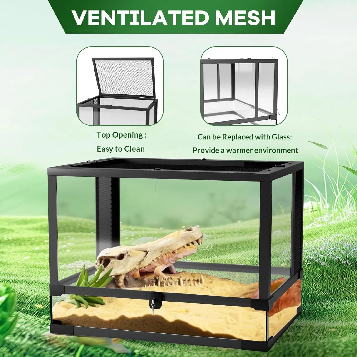 Reptile Glass Terrarium with Top & Side Screen Ventilation Reptile Terrarium, Double Hinge Door  Anti Escape Reptile Tank - The Paw Tech