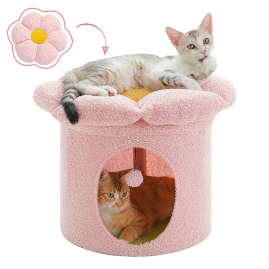 Cat Beds for Indoor Cats Large Cat House with Removable Flower Cat Bed Cute Cat Cave Hideaway Indoor Cat Condo