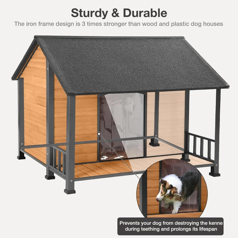 Outdoor Weatherproof Dog House Easy to Assemble Puppy Shelter with All Around Iron Frame and Fir Wood Ideal for Large Dogs - The Paw Tech