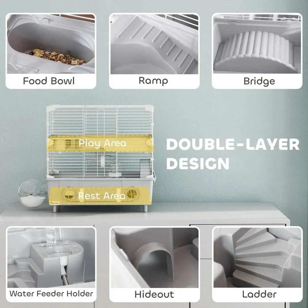 2-Tier Hamster Cage, Hamster Habitat with Accessories, Gray - The Paw Tech