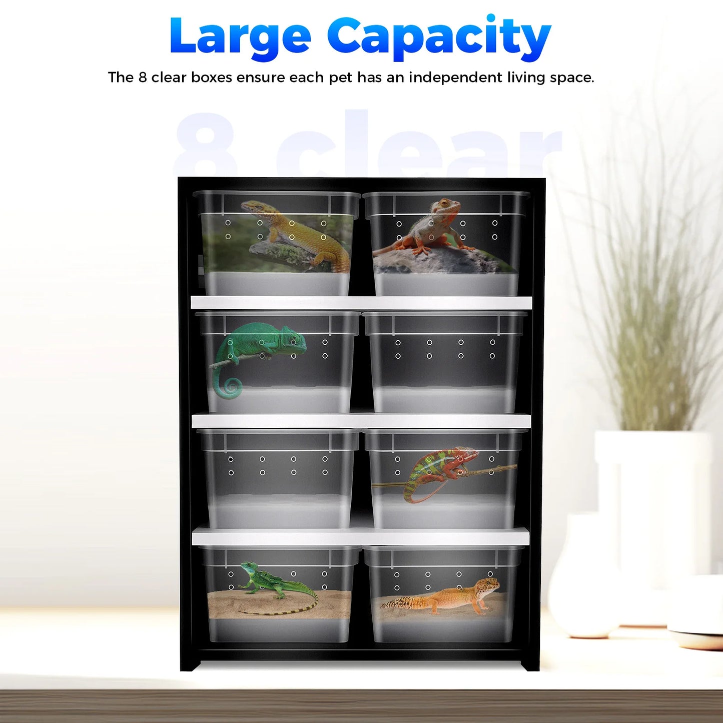 Reptile Breeding Cabinet with 8 Clear Boxes, 25W Heating Pad, Thermometer, for Spiders, Lizards & Small Reptiles, Space-Saving