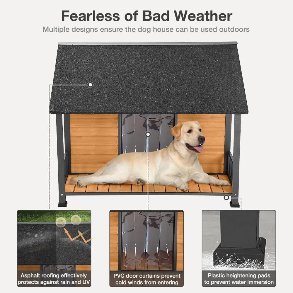 Outdoor Weatherproof Dog House Easy to Assemble Puppy Shelter with All Around Iron Frame and Fir Wood Ideal for Large Dogs - The Paw Tech