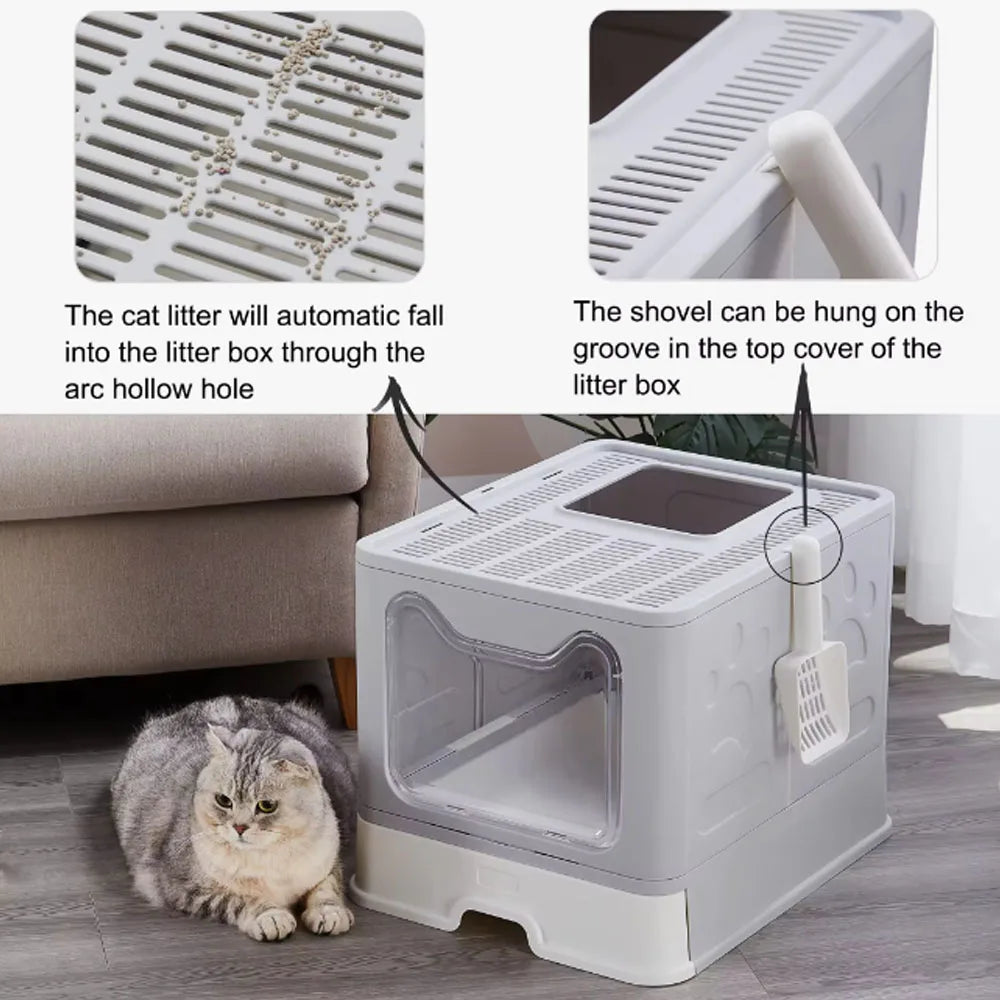 Convenient Foldable Litter Box Drawer Design with Scooper for Easy Cat Waste Management - The Paw Tech