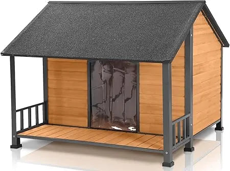Outdoor Weatherproof Dog House Easy to Assemble Puppy Shelter with All Around Iron Frame and Fir Wood Ideal for Large Dogs - The Paw Tech