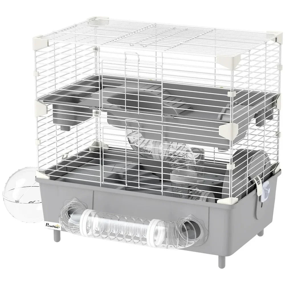2-Tier Hamster Cage, Hamster Habitat with Accessories, Gray - The Paw Tech