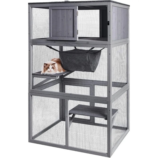 X Zone Pet Catio Wooden Cat House Outdoor 3 Floors Cat Enclosure Indoor Large Kitten Playpen with Hammock and Resting Box