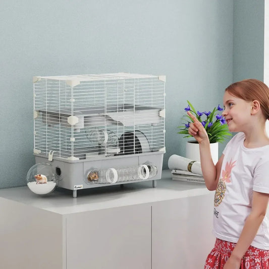 2-Tier Hamster Cage, Hamster Habitat with Accessories, Gray - The Paw Tech