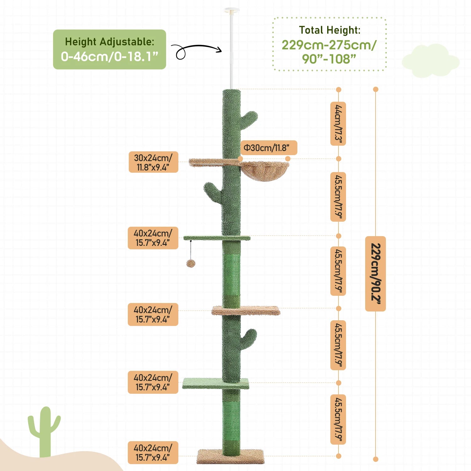 Cat Tree 5 Tier Floor to Ceiling Cat Tower Cactus Tall Climbing Tree with Scratching Post Hammock and Dangling Ball for Indoor Cats - The Paw Tech