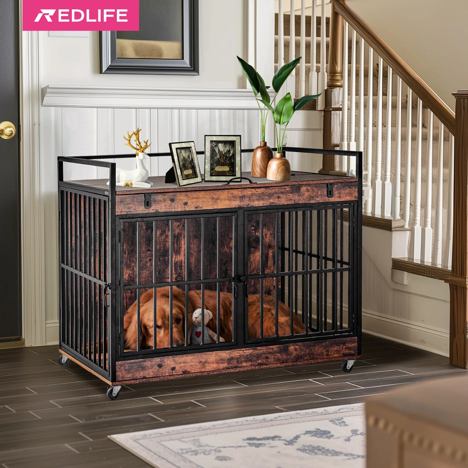 Redlife Dog Crate Furniture End Table Indoor Heavy Duty Dog Kennel with Wheels and Feeder Bowls Flip Top 43.7 x 30 x 37.8 Inches - The Paw Tech