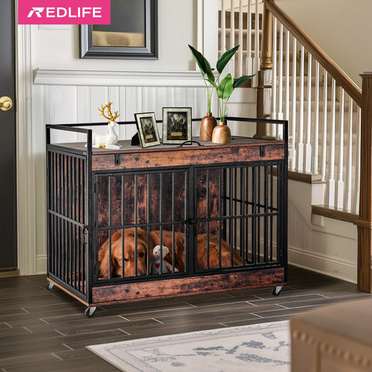 Redlife Dog Crate Furniture End Table Indoor Heavy Duty Dog Kennel with Wheels and Feeder Bowls Flip Top 43.7 x 30 x 37.8 Inches