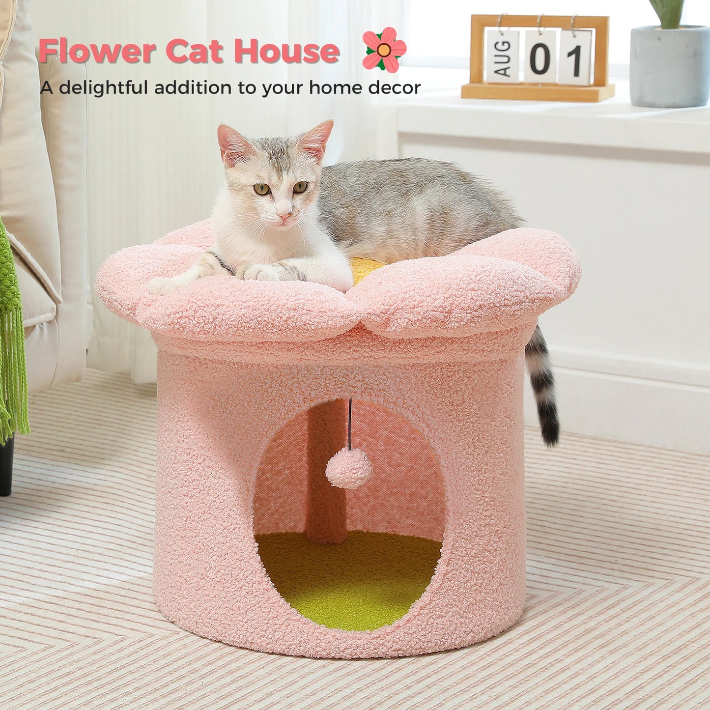 Cat Beds for Indoor Cats Large Cat House with Removable Flower Cat Bed Cute Cat Cave Hideaway Indoor Cat Condo