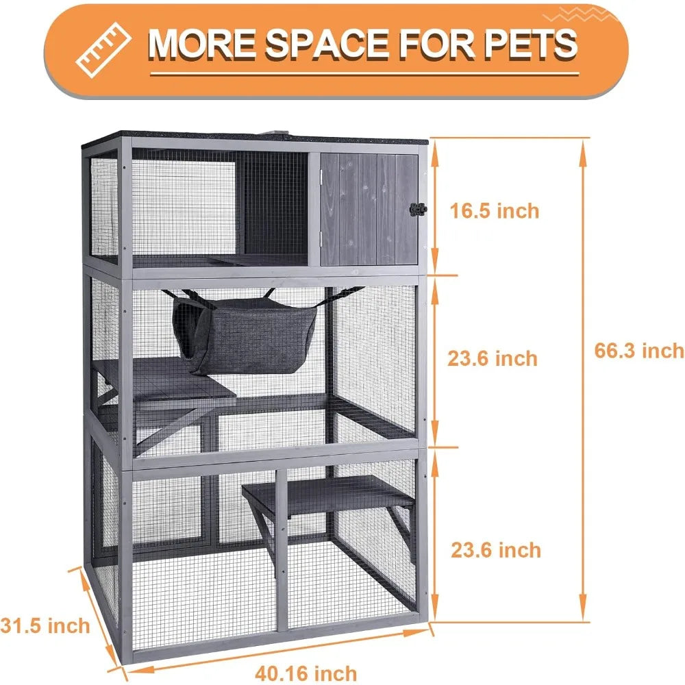 X Zone Pet Catio Wooden Cat House Outdoor 3 Floors Cat Enclosure Indoor Large Kitten Playpen with Hammock and Resting Box