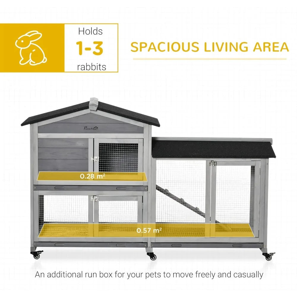 62" Rabbit Hutch, Wooden Bunny Hutch, Guinea Pig Cage, Small Animal Enclosure with Wheels, Run Area, Removable Tray, Asphalt Ro - The Paw Tech