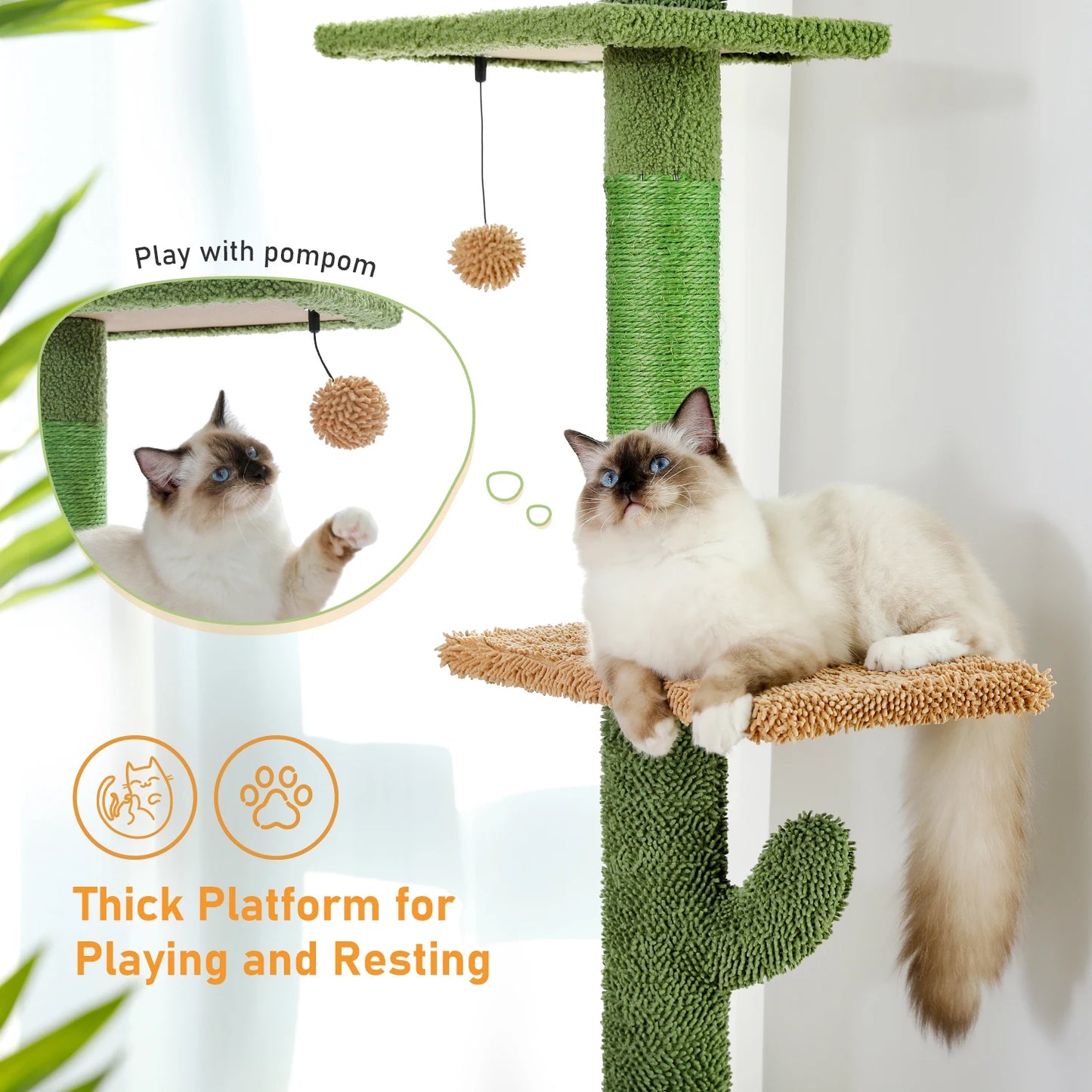 Cat Tree 5 Tier Floor to Ceiling Cat Tower Cactus Tall Climbing Tree with Scratching Post Hammock and Dangling Ball for Indoor Cats - The Paw Tech
