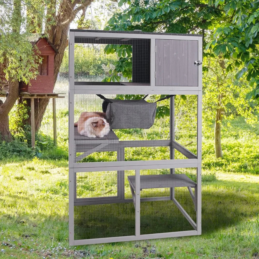 X Zone Pet Catio Wooden Cat House Outdoor 3 Floors Cat Enclosure Indoor Large Kitten Playpen with Hammock and Resting Box
