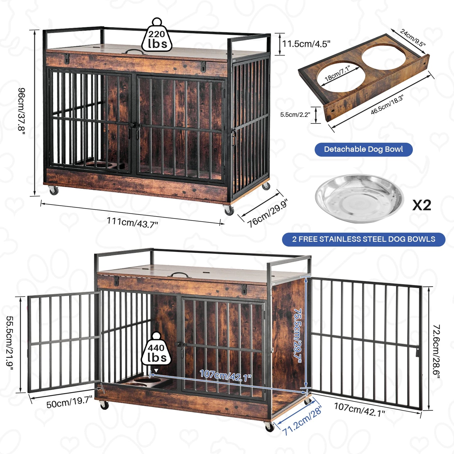 Redlife Dog Crate Furniture End Table Indoor Heavy Duty Dog Kennel with Wheels and Feeder Bowls Flip Top 43.7 x 30 x 37.8 Inches - The Paw Tech