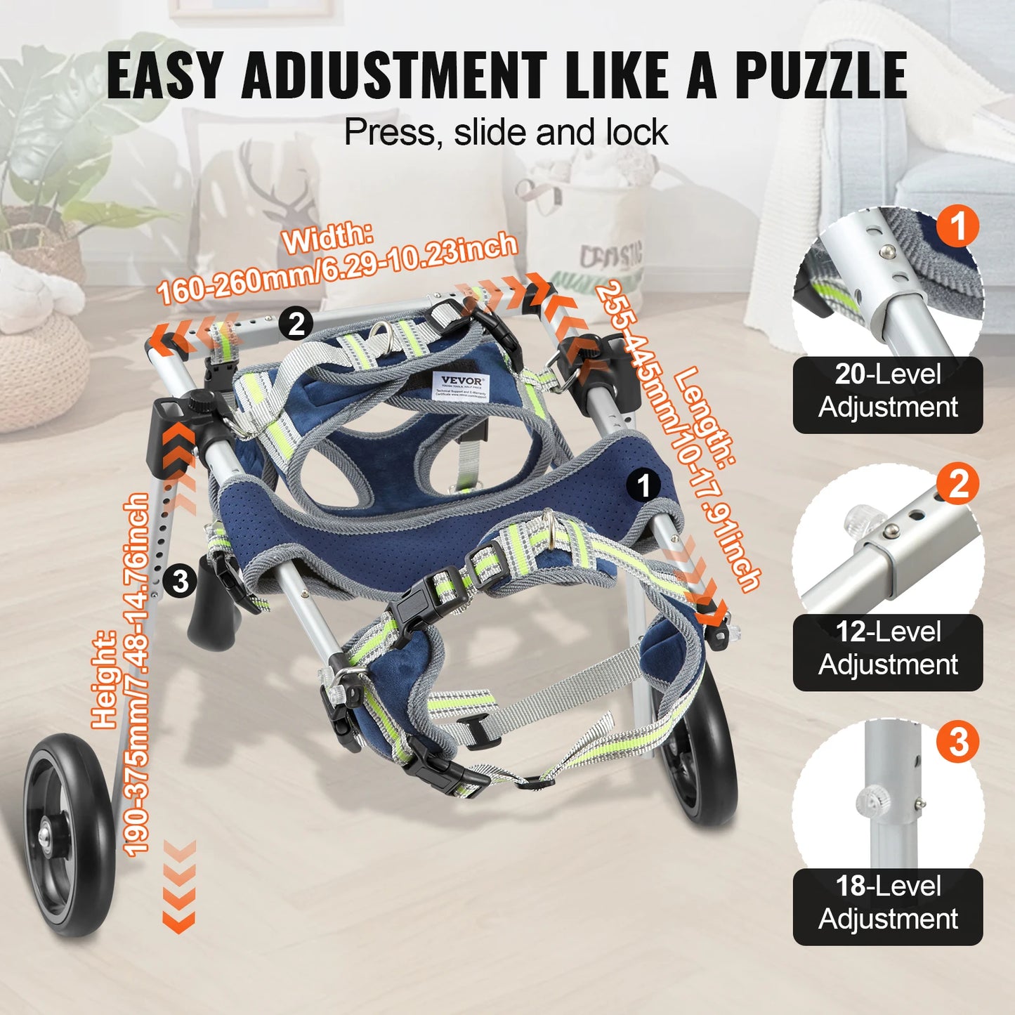 VEVOR 2 Wheels Dog Wheelchair for Back Legs Pet Cart for Injured Disabled Paralysis Hind Limb Weak Pets